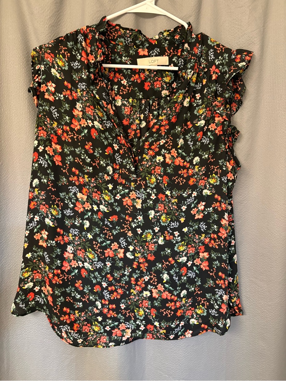 LOFT Black Floral Ruffle-Sleeve Blouse with Red and Green Accents